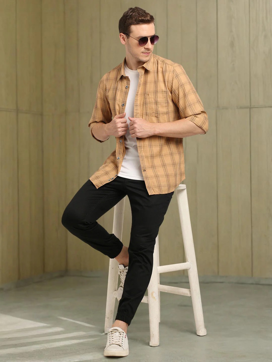 Indian Terrain Men's Regular Fit Full Sleeve Checkered Khaki Shirt